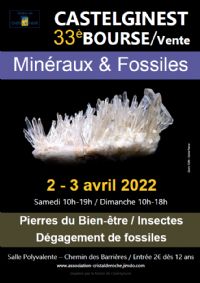 33ème Bourse Vente Minéraux, Fossiles et pierres du bien-être. Du 2 au 3 avril 2022 à Castelginest. Haute-Garonne.  10H00